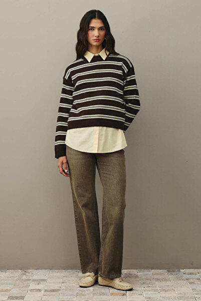 Fahhar Çizgili Basic Triko Kazak Kahverengi