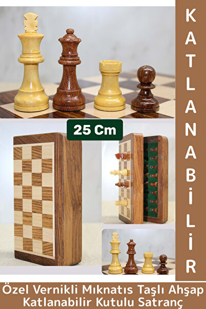 Wintoup Premium Yüksek Kaliteli Özel Vernikli Mıknatıs Taşlı Ahşap Katlanabilir Kutulu Satranç Takımı 25 Cm