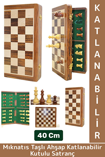 Wintoup Premium Yüksek Kaliteli Özel Mıknatıs Taşlı Ahşap Katlanabilir Kutulu Satranç Takımı 40 Cm