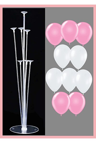 Doğumgünü Marketim 7 Balloon Stands and 10 Pink, White Balloons Set