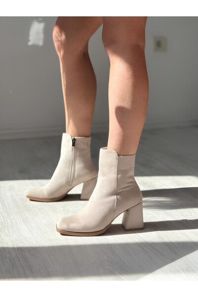 SHOEBOURNE Bej Süet Kalın Topuklu Günlük Topuklu Bot