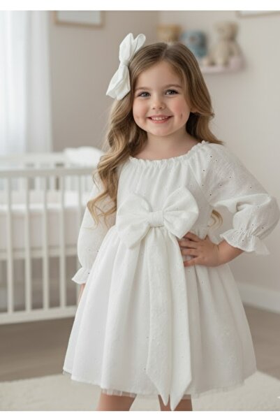 Tinypeople Kız çocuk beyaz fisto elbise fiyonklu beyaz çocuk elbise vintage çocuk elbise