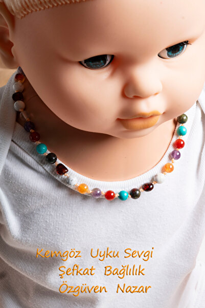 Boas Sertifikalı Bebek Kehribar Kolyesi – Turkuaz, Kehribar, Havlit, Yeşim, Jasper ve Ametist Taşı