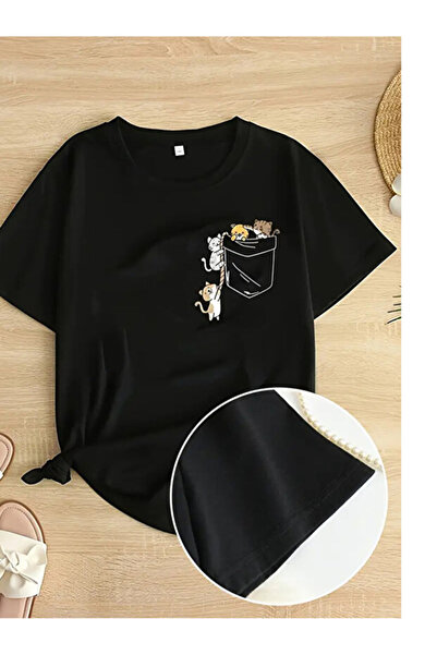 LiyAdaCo Γυναικείο μπλουζάκι μαύρο χαριτωμένο γατάκι με τύπωμα oversized