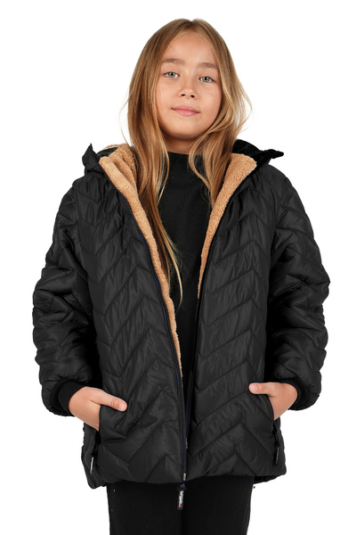 JARMO KİDS Kız Çocuk İçi Kürklü Kapüşonlu Mont Zigzag Desenli (Su ve Rüzgar Geçirmez)