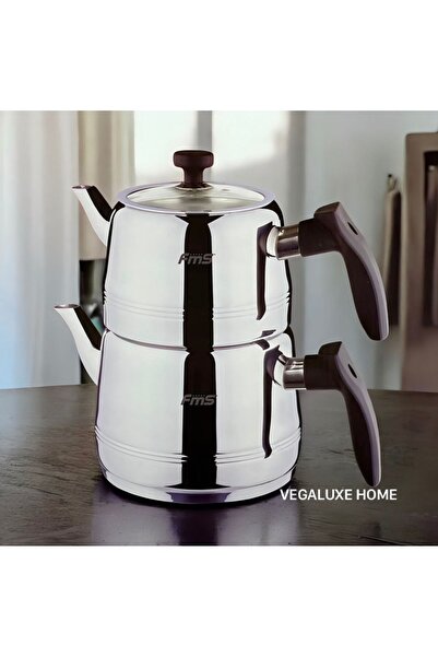 FMS Burcu Large Size Steel Teapot (Upper Pot 1.5 L - Lower Pot 3 L) Black