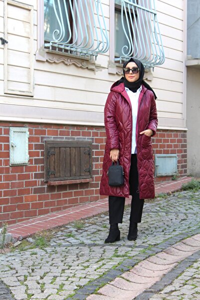 Tuğba Sarı Bordo Kapitone Uzun Cepli Kadın Mont