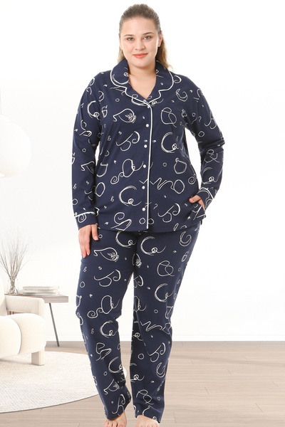 Bella Linda Buttoned Cotton Long Sleeve Plus Size Pajama Set