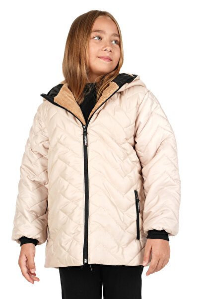 JARMO KİDS Girl's Fur-Lined Hooded Coat with Zigzag Pattern (Water and Windproof)