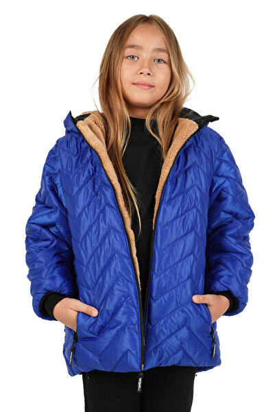 JARMO KİDS Girl's Fur-Lined Hooded Coat with Zigzag Pattern (Water and Windpr...