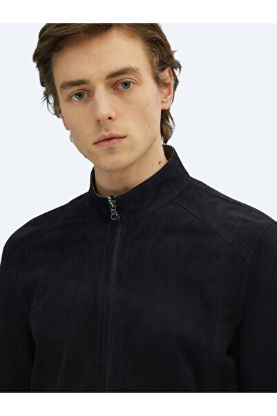 Kip Navy Blue Regular Fit Stand Collar Smart Casual Leather Double-Sided Leather Coat