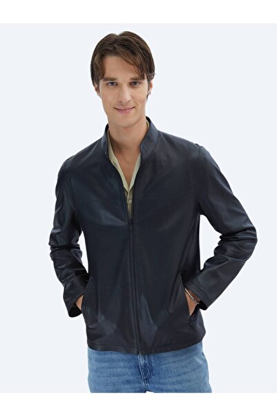 Kip Black Regular Fit Stand Collar Smart Casual Sheepskin Leather Coat