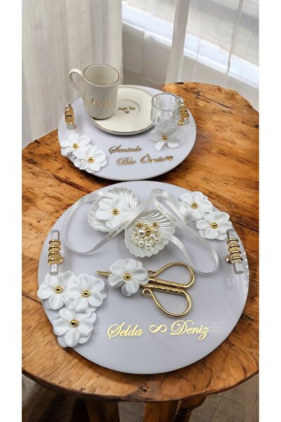 Denseden Set de tăvi rotunde pentru promisiune de logodnă, cu perle albe, tavă de cafea pentru mire cu perle, promisiune cu perle - Panglică de logodnă