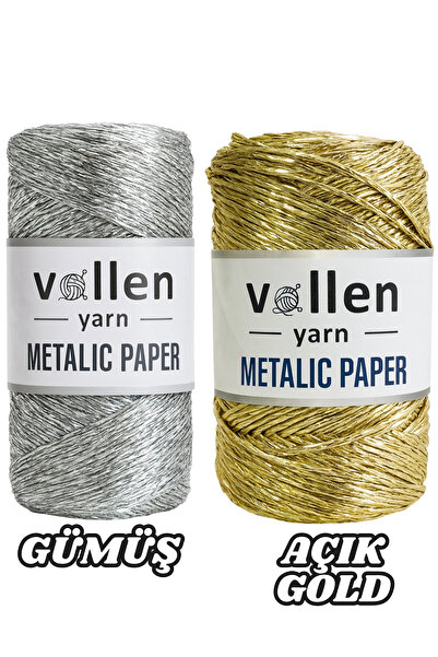 vollen yarn Premium Metalik Kagıt Ip,Parlak Çanta Ipi,200 Gr- 320 M , Simli Metalik Ip,Metalik Abiye Ip