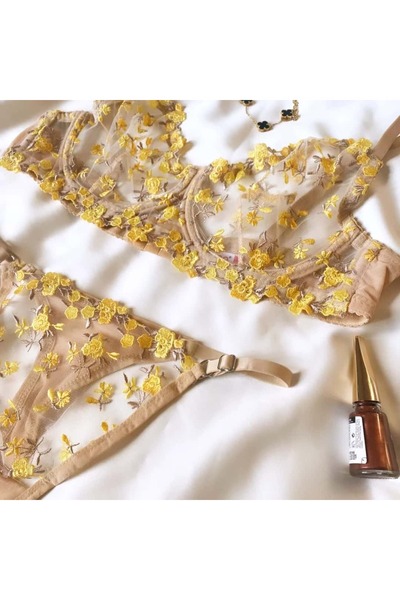 unbranded Loveé Sarı Çiçek Desenli Balenli Sütyen Takımı