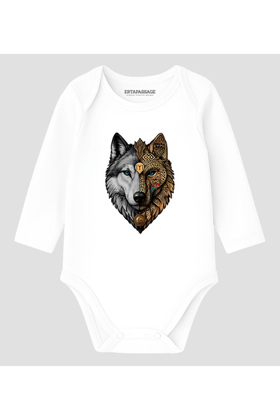 ErTaPassage Gray Wolf Patterned Turkish Motif 100% Cotton Printed Baby Bodysuit Long Sleeve