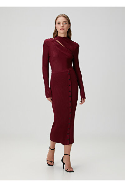 Self Portrait Bordo Ribanalı Midi Abiye Elbise