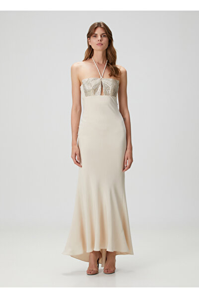 Roland Mouret Krem İşlemeli Maksi İpek Abiye Elbise