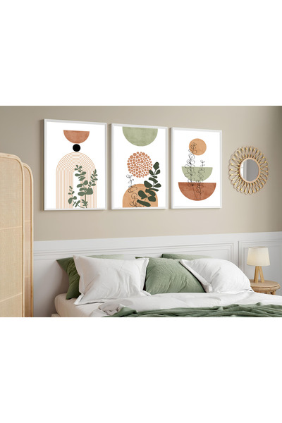 ARTCASTLE Set de 3 tablouri cu ramă din lemn, verde, stil Mid Century