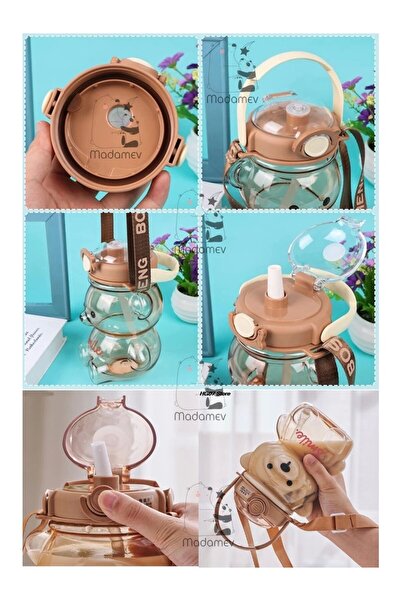 ayaz telekomünikasyon 2-Pack Transparent Smile Teddy Bear Water Bottle 1000+400ml Children's Water Bottle with Straw Leak-Proof Lid Water Bottle Set