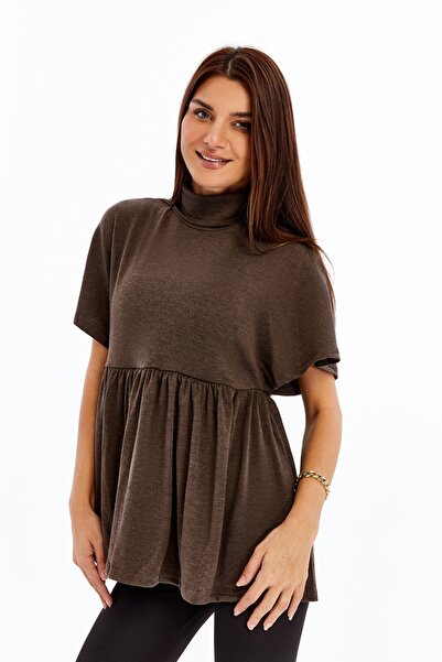 Primaro بلوزة تونيك بنية اللون بأكمام قصيرة وياقة عالية