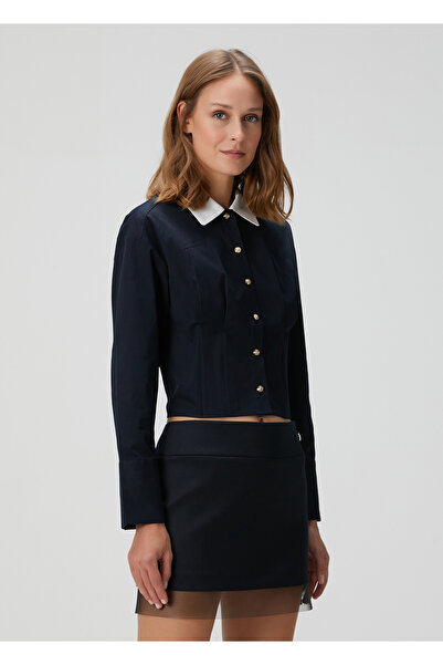 Maje Lacivert Gold Düğmeli Crop Poplin Gömlek