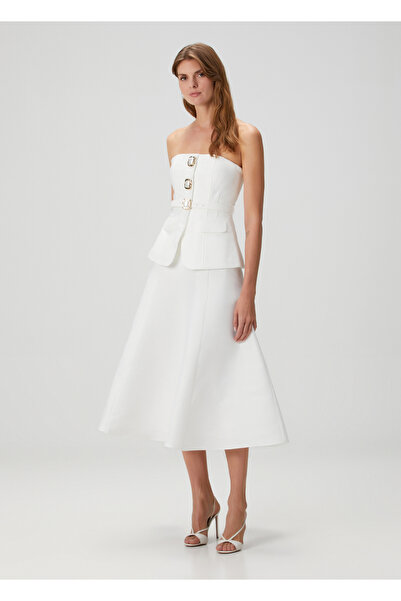 Self Portrait Beyaz Straplez Midi Kokteyl Elbise