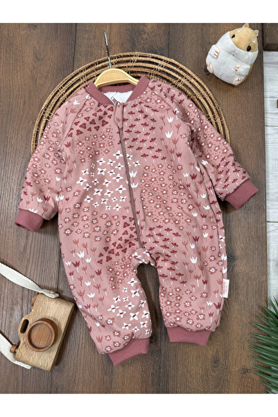 Bolly Baby Flower Patterned Winter Baby Girl Jumpsuit with Wellsoft Fur Insid...