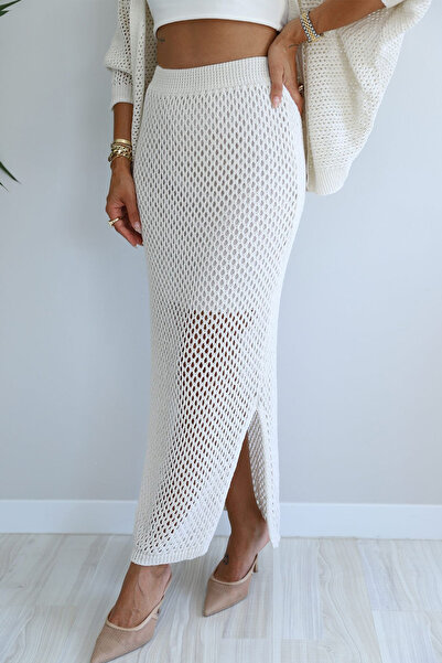 Noa Noa Women's Knitted Textured Slit Midi Skirt – Lightweight & Summer Style