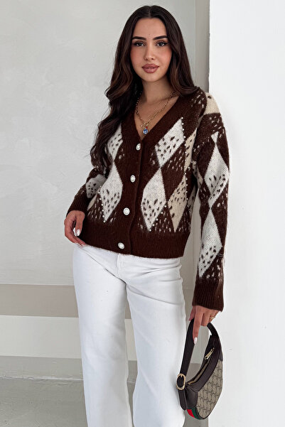 Noa Noa Women's Argyle Pattern Knit Cardigan – Retro & Elegant Style