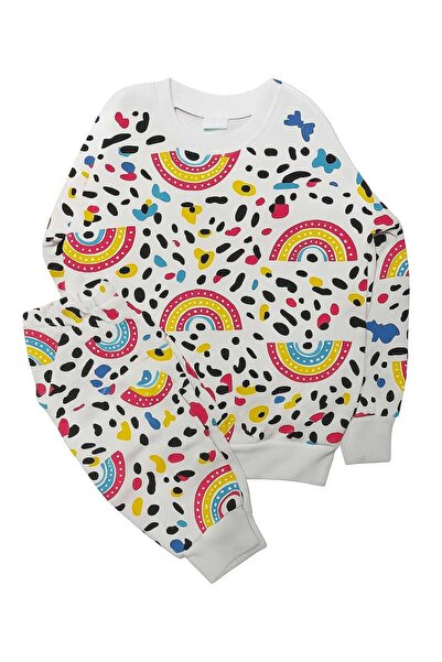 Mumio Girl Child White Rainbow Pattern Colorful Long Sleeve Pajamas Suit