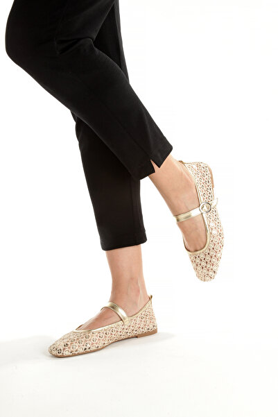 EPTC Gold Color Lace Detailed Women's Mary Jane Ballet Flats - Elegant & Breathable Design