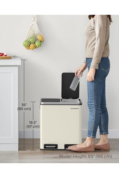 SONGMICS Double waste bin 41x32x47 cm, 2x15L, separate pedals, soft-close , beige and black