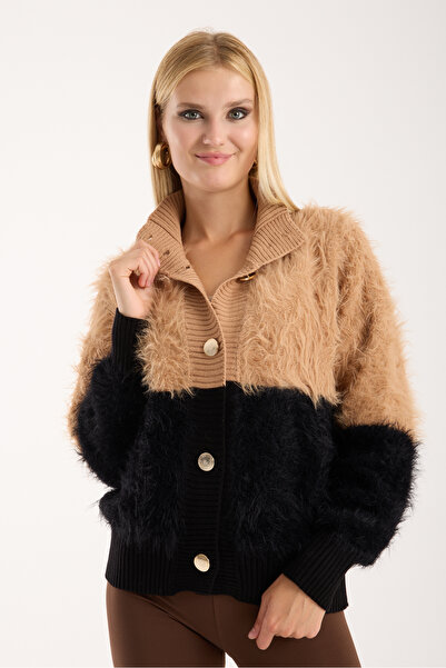 Moda Days Women's Beige-Black Beard Yarn Two-Tone Gold Buttoned Stand-Up Collar Knitwear Cardigan