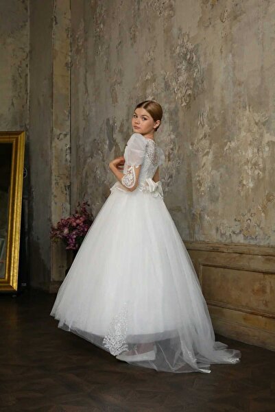By Feyza Kids Collection Kız Çocuk Dantelli Tarlatanlı Gelinlik ,Mezuniyet,Düğün Abiye
