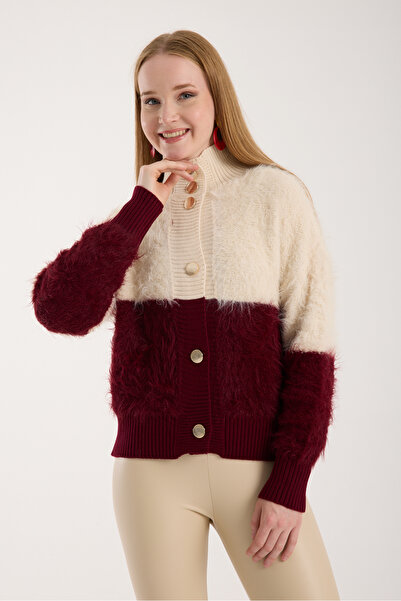 Moda Days Women's Ecru-Burgundy Beard Yarn Two-Tone Gold Buttoned Stand-Up Collar Knitwear Cardigan