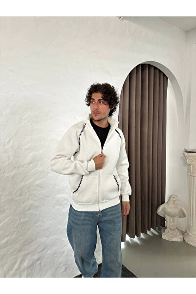 Tam12den Home Eyesof Men's Oversize Stand Collar Zippered Sweatshirt - Chain Embroidered Kangaroo Pocket - White