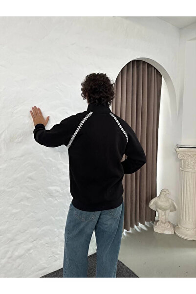 Tam12den Home Eyesof Men's Oversize Stand Collar Zippered Sweatshirt - Chain Embroidered Kangaroo Pocket - Black