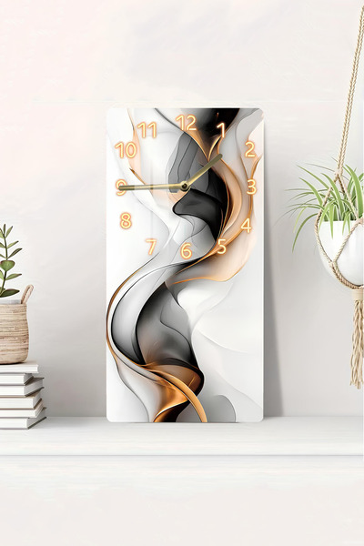kutuTR Temperli cam tablo saat – Siyah ve altın dalga desenli modern tasarım ...