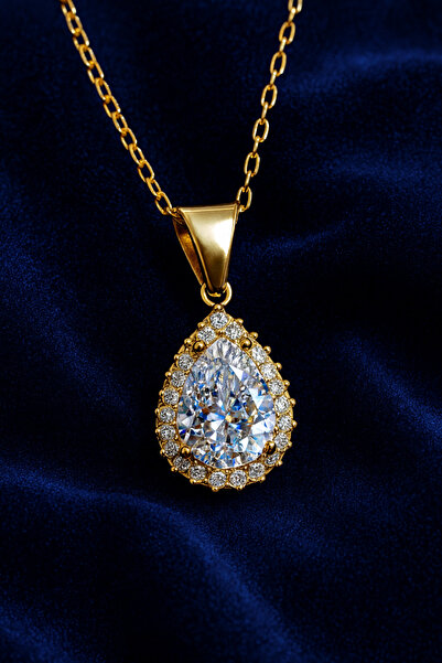 KAR DİAMOND 925 Ayar Gümüş Altın Kaplama Aşkın Gözyaşı Damla Kolye – Sertifik...