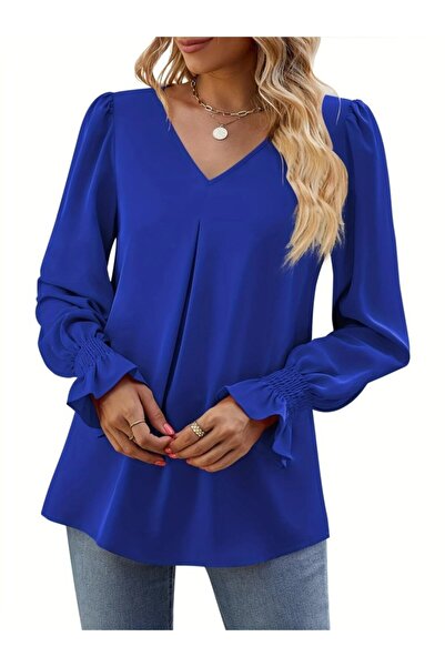Wear Up Women's Long Sleeve V-Neck Loose Imported Crepe Blouse