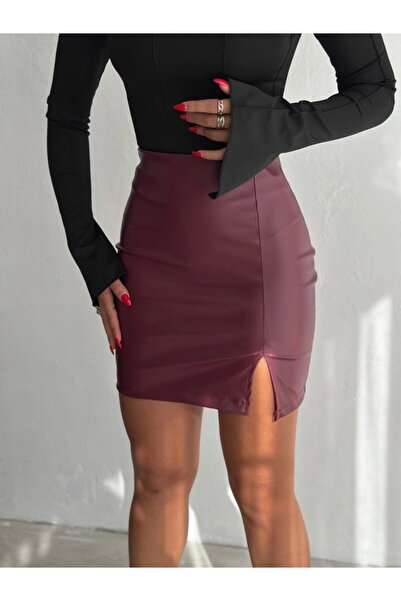 Wear Up Women's High Waist Slit Detail Mini Leather Skirt