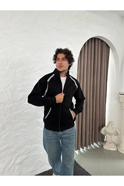 Tam12den Home Eyesof Men's Oversize Stand Collar Zippered Sweatshirt - Chain Embroidered Kangaroo Pocket - Black