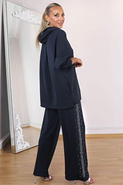 AYASOFYA OTANTIK Жіночий комплект з блакитною кофтою на блискавці з капюшоном і деталями з каменів та штанами на резинці