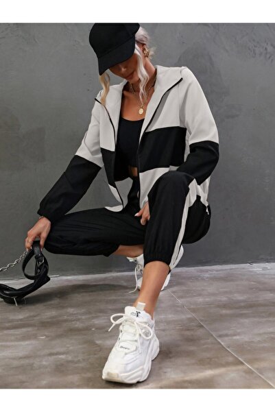 modaserdem Women's Long Sleeve Hooded Front Zipper Viscose Two Thread Blouse and Pants Two-Piece Set