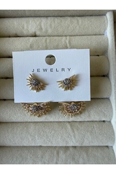 Egomera Zirkon Taşlı Altın Kaplama Çift Görünümlü Küpe