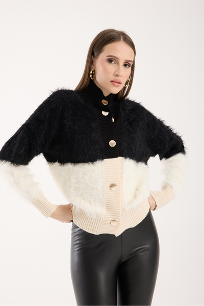 Moda Days Women's Black-Ecru Beard Yarn Two-Tone Gold Buttoned Stand-Up Collar Knitwear Cardigan