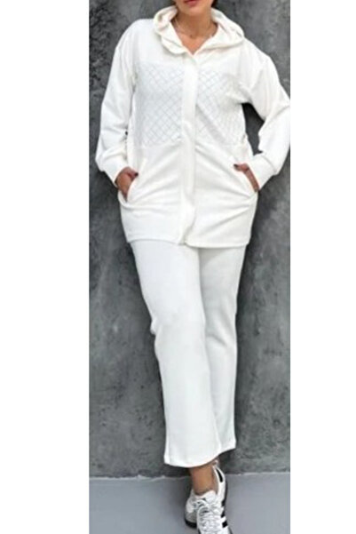 AYASOFYA OTANTIK Women's White Sequin Embroidered Hooded Zipper Closure Jacket and Elastic Waist Pants Plus Size Set