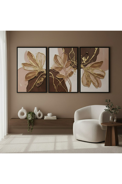 Thorosswood Modern Soyut Ahşap Çerçeveli 3’lü Duvar Tablosu — MDF UV Baskı
