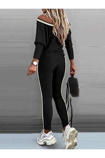 My Reality Fashion Women's Long Sleeve One-Shoulder Detailed Viscose Two-Thread Blouse and Pants Two-Piece Set